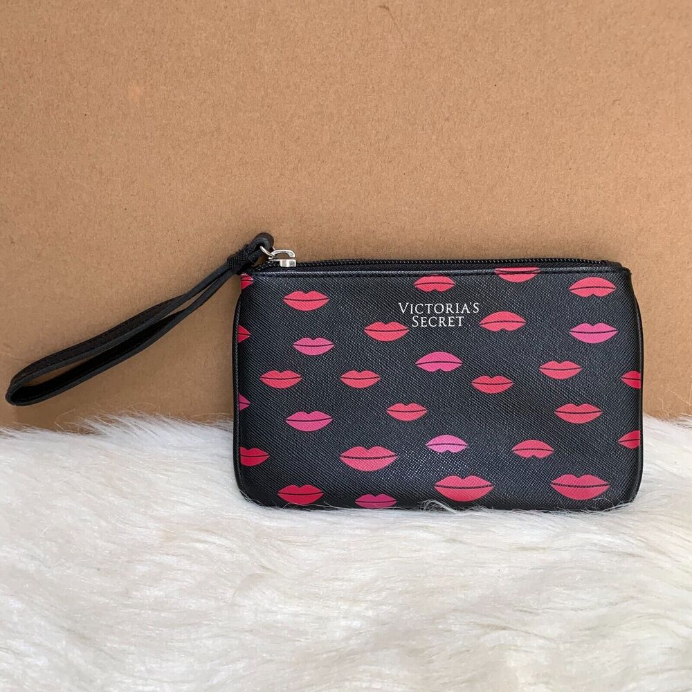 VICTORIA'S SECRET Black Faux Leather Wristlet with Pink & Red Lipstick Love Kiss - Picture 3 of 15